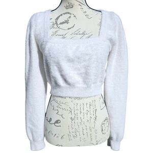 Kourt‎ Statement Squareneck Crop Sweater White Fuzzy Women's Medium